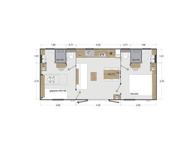 Plan of the Cottage 4 people 2 bedrooms 2 bathrooms 4 flowers