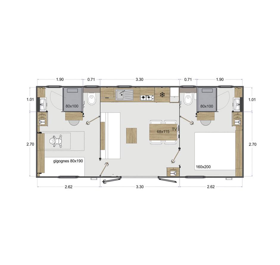 Plan of the Cottage 4 people 2 bedrooms 2 bathrooms 4 flowers - CAMPING*** Les Sirènes